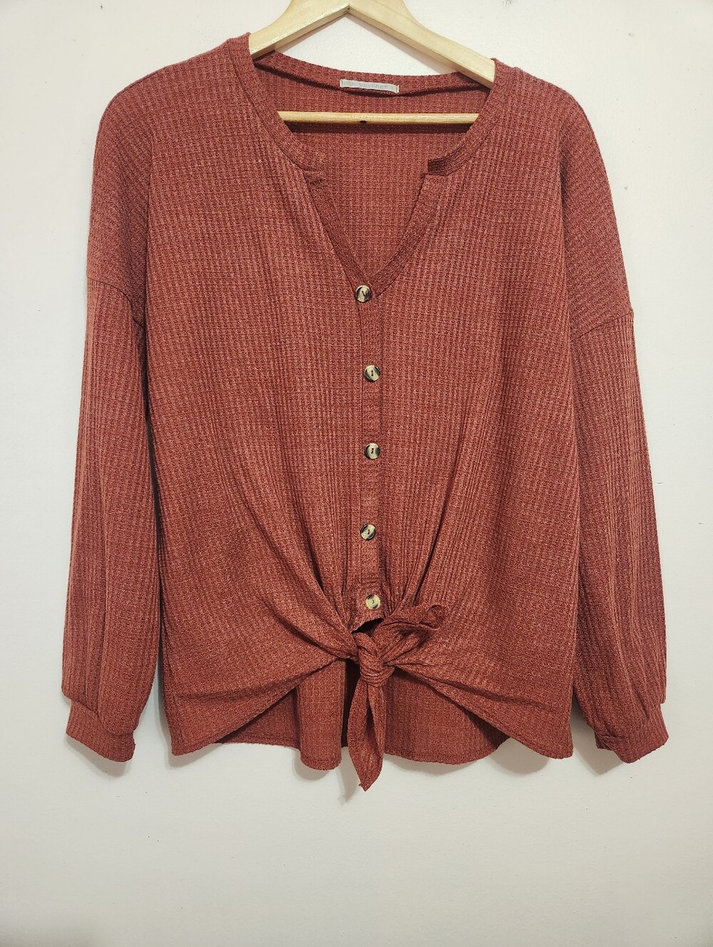 Veveret Rust Waffle Knit Button Down Tie Front Top Long Sleeve Boho Cozy S